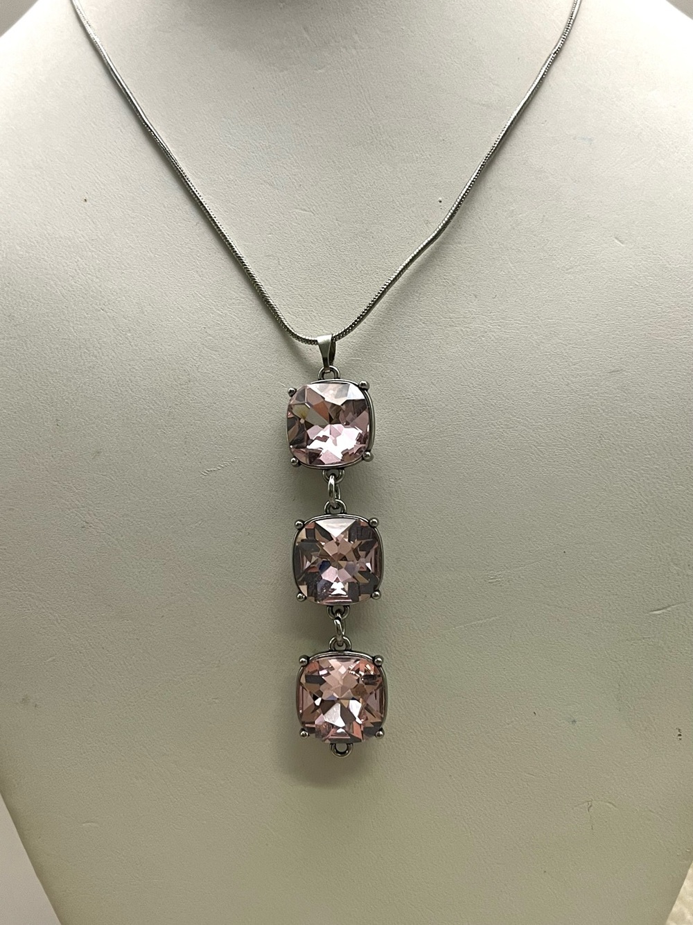 Pink Crystal Triple Drop Pendant Necklace Silver Tone Snake Chain Blush Cushion